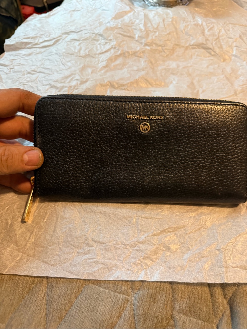 Michael Kors Black Pebbled Leather Zip Wallet with Gold Hardware
